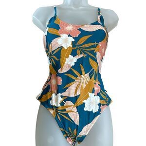 Kona Sol Tropical Floral OnePiece Cinched Sage Green Orange Swimsuit
